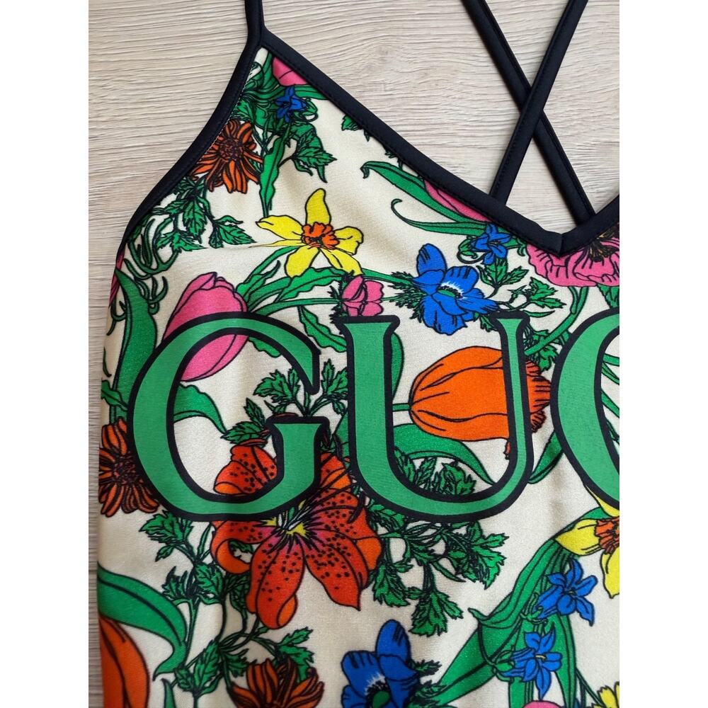 Gucci Floral Print Logo Green Criss Cross One Piece Swimsuit Bathingsuit S Small - Picture 5 of 14